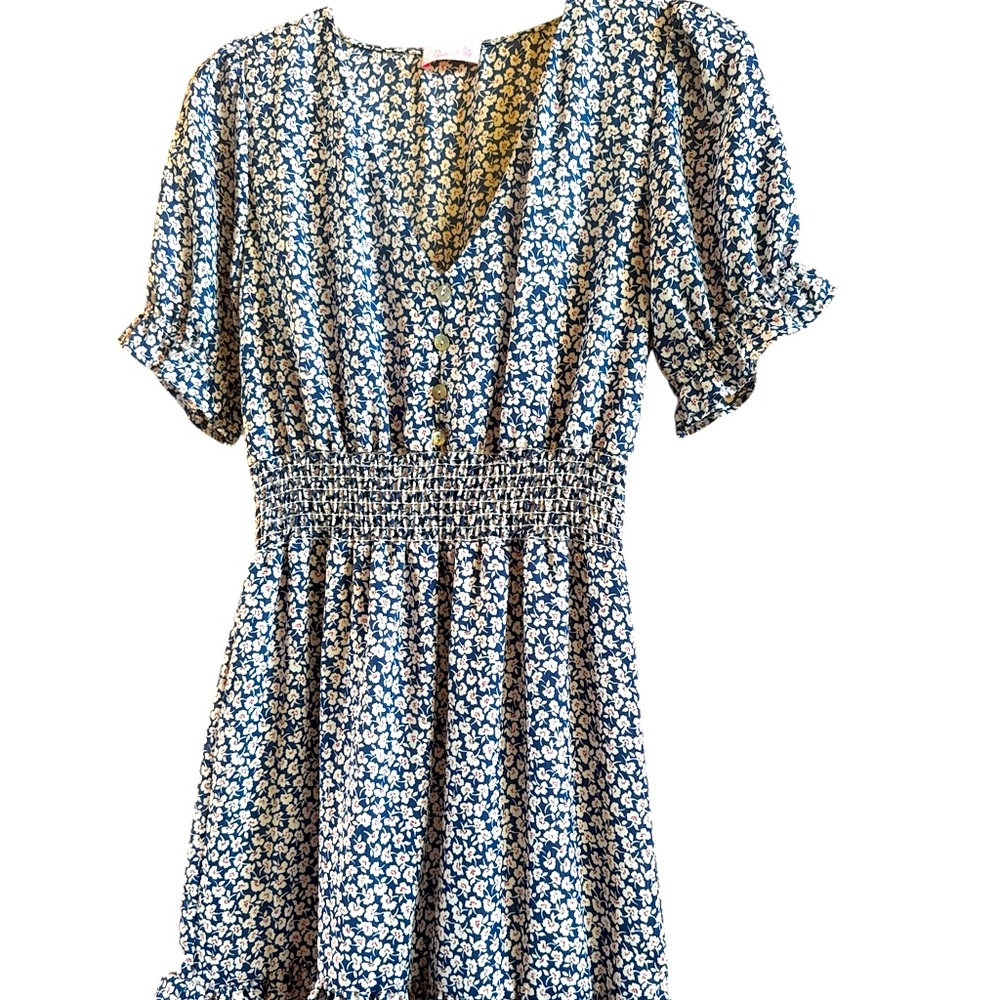 Pink Lily Women’s Blue Floral Mini Dress Size Small Cinched‎ Waist Ruffled Hem